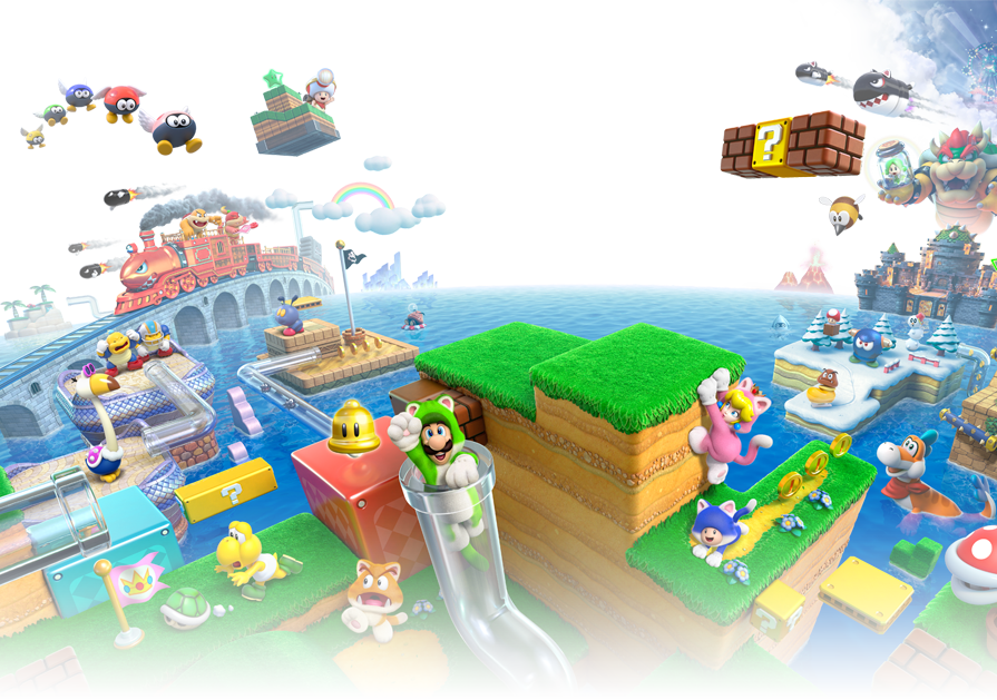 ネコマリオたちが協力プレイでステージを進む「スーパーマリオ3Dワールド」パートの様子