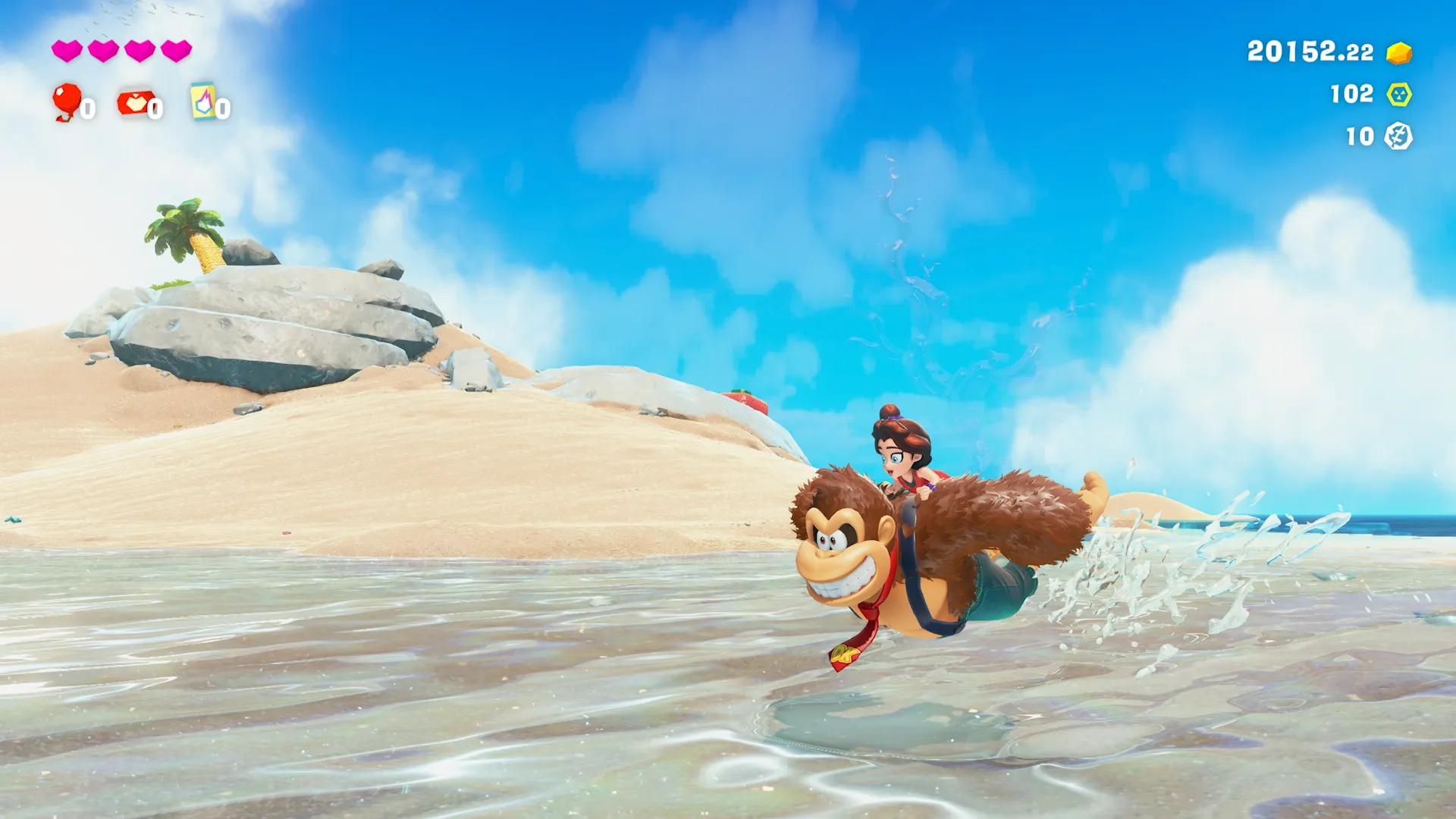 ポリーンを背負い浅瀬を駆け抜けるドンキーコング