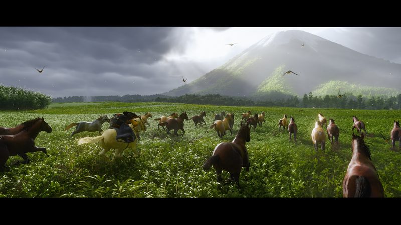 羊蹄山を望む黄金色の草原を馬で駆けるアツ