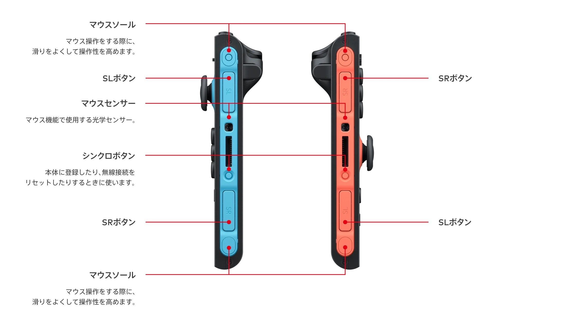 Joy-Con 2 側面のマウスセンサーとマウスソール、SL/SRボタン